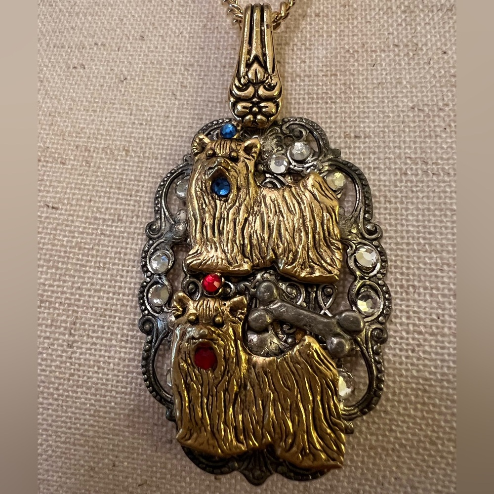 Gold and Silver Pendant Necklace with Intricate Design and 2 Dogs with Crystals - Picture 4 of 6